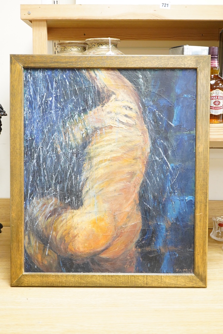 Deborah MacMillan, 'Man in shower', monogrammed and dated '87, inscribed verso, oil on canvas, 59 x 50cm